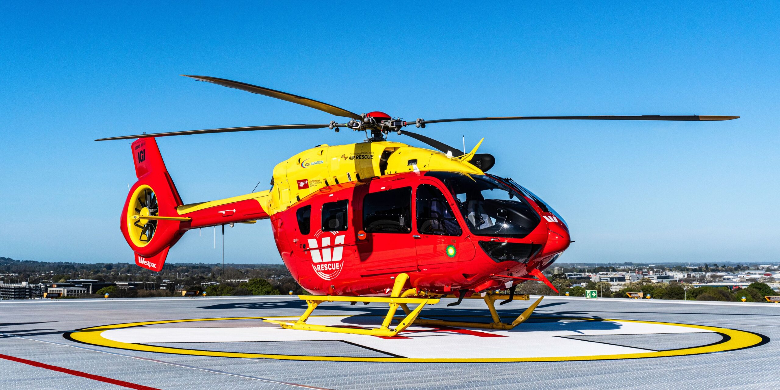 Westpac rescue helicopter on the helipad at christchurch hospital