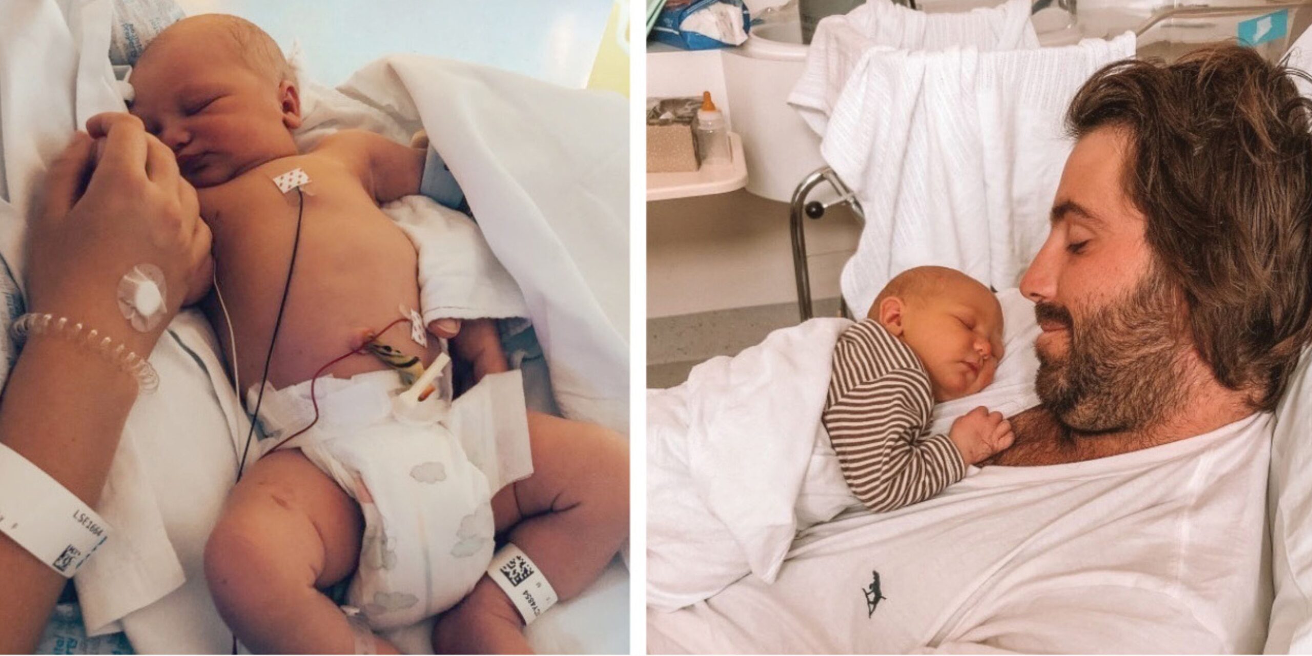 Baby Archer in his hospital bed and Archer lying on his dad's chest