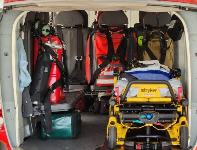 view into the back of a rescue helicopter with all the equipment in place