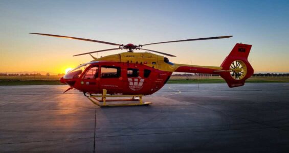 rescue helicopter at sunset